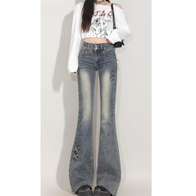 

Tall Women s Retro Blue Frayed Micro-Flare Bootcut Jeans with Spring Bow Elastic Slimming Fit Medium