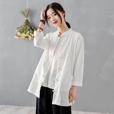 2026 Spring Women's Zen Chinese Style Retro Cotton Linen Frog Button Shirt for Tai Chi