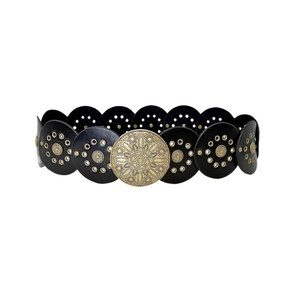 Zinc Zinc Alloy Ethnic Style Rivet Belt Y2K Disc PU Hollow Waistband Vintage Concho Wide Belt Waist Seal
