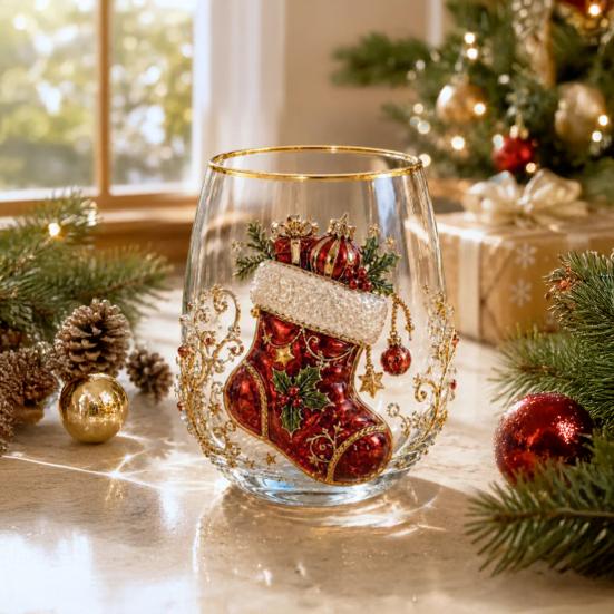 Bicchieri Unici per Feste di Natale 330ML Bicchiere d'Acqua in Vetro, Motivo Ghirlanda/Babbo Natale/Alce/Calze/Pupazzo di Neve Vetro Festivo Edizione Limitata Regalo
