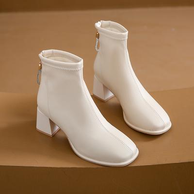 Block Heel Single Boots Women's Fashion Square Toe Spliced Rear Zipper Anti-Slip Wear-Resistant High Heel Shorthole Boots