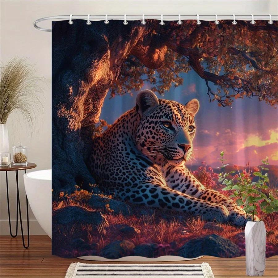 

1pc Sunset Leopard Shower Curtain with Majestic Leopard Resting Under a Tree, Vibrant Orange and Pink Sunset Sky, Mystical Atmos W90xH180cm