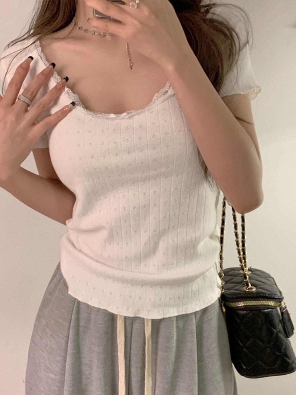 

Чистая и Сексуальная Футболка с Кружевной Отделкой, U-образным Вырезом, Облегающего Кроя, с Коротким Рукавом - Летний Корейский Стиль S белый