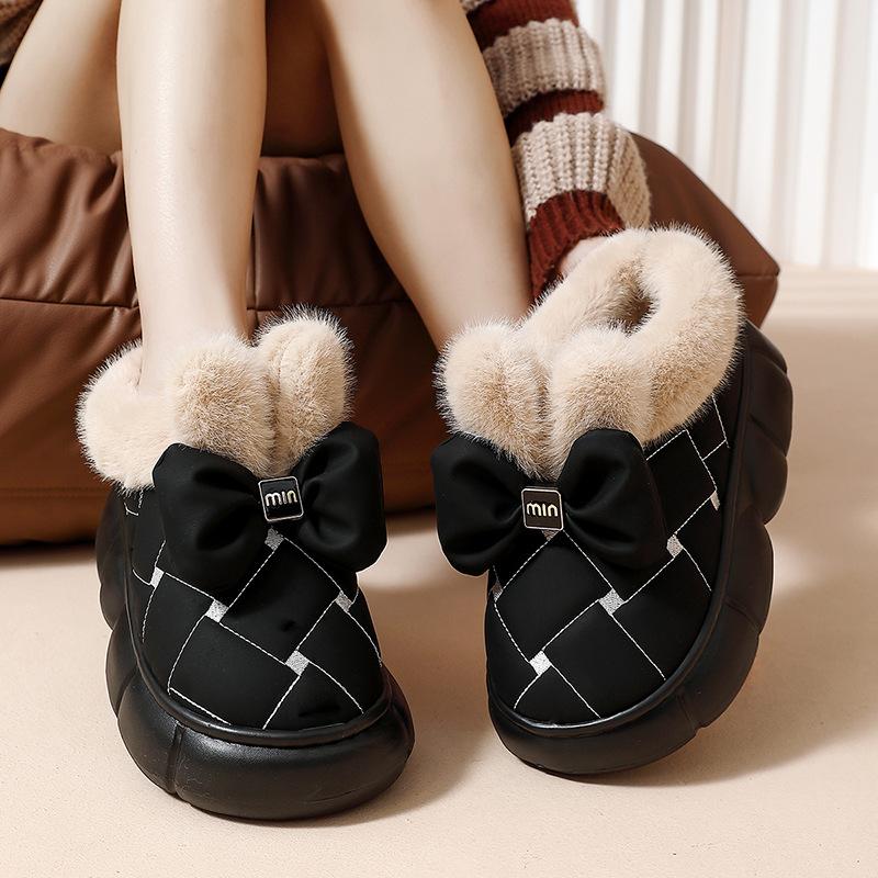 Bow cotton slippers women's winter bag heel cute home household plush warm plush women's cotton shoes winter