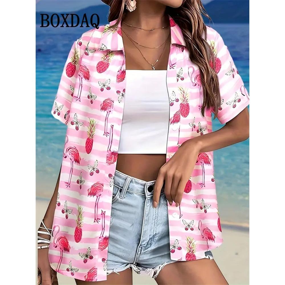 Летняя Мода Женская Блузка Гавайский Принт с Кокосовыми Пальмами Короткий Рукав Лацкан Повседневная Рубашка на Пуговицах Топы Женская Пляжная Гавайская Рубашка XL