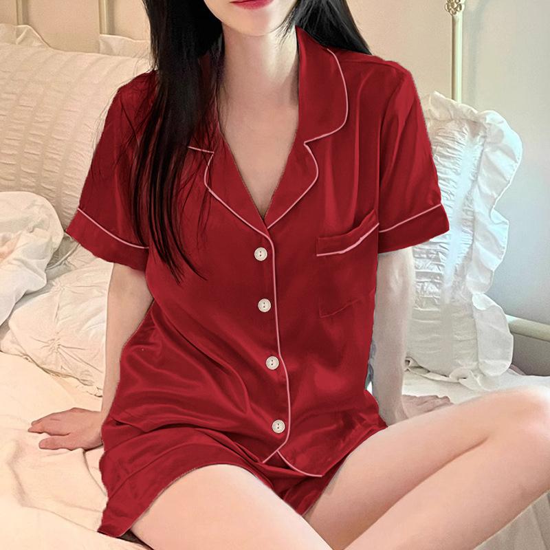 

Пижама женская летняя празднично-красная высококачественная однотонная из ледяного шелка с шортами, домашняя одежда, можно носить на улице 2XL