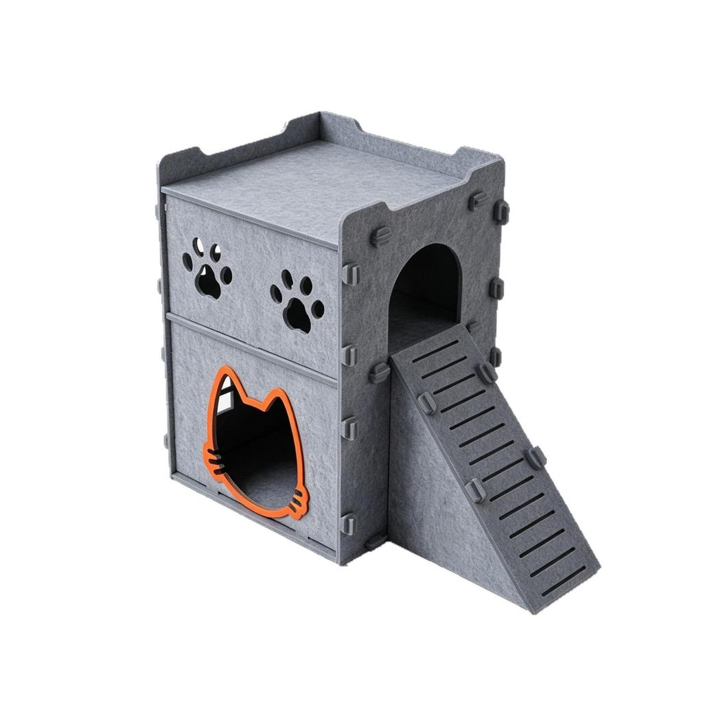 Two-Story Felt Cat Villa with Stairs - All-Season Semi-Enclosed Indoor Cat House