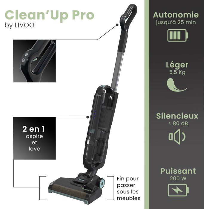 Aspirateur balai laveur sans fil - LIVOO DOH147V CLEAN'UP PRO - 11 000 Pa - 200 W - 25 min - 600 ml - 80 dB - Noir
