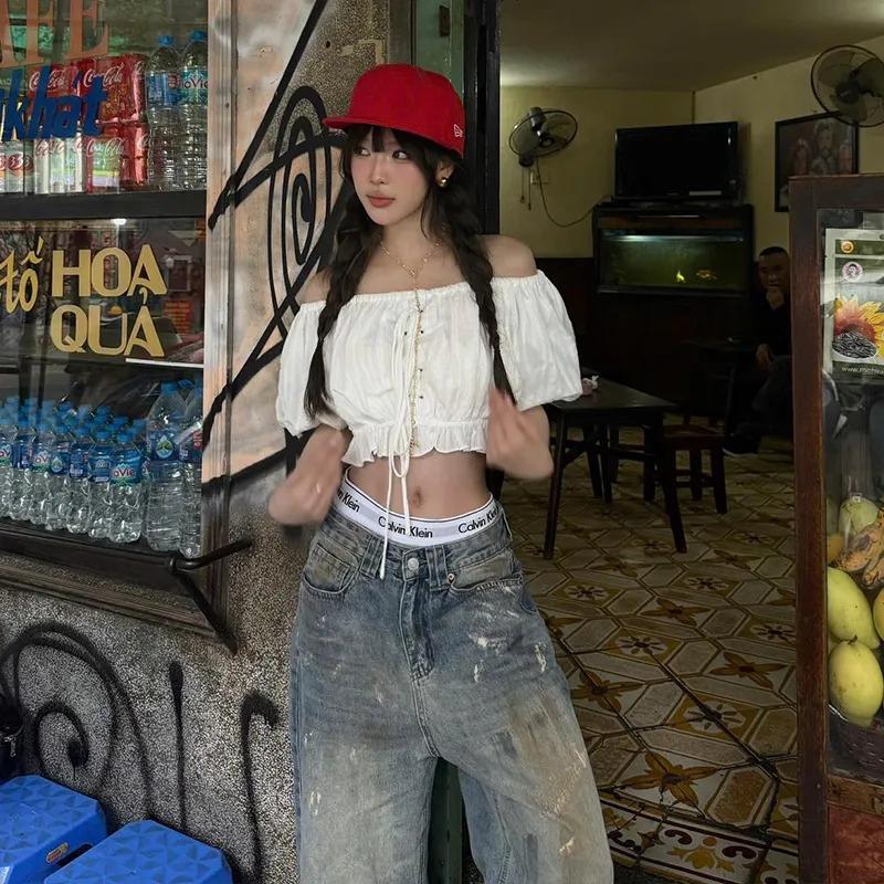 Women's White Off-Shoulder Crop Top - Ruffled Puff Sleeves Elastic Waist