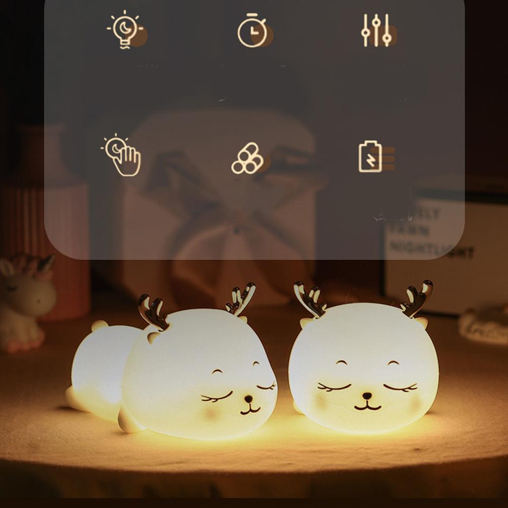 Cute Pet Deer Silicone Night Light USB Charging Pat Night Light Smart Timing Sleeping Bedroom Bedside Light Gift