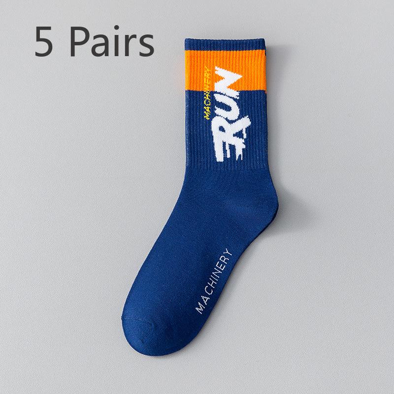 5 Paar Herren Herbstmode Buchstabe Reine Baumwolle Schweißabsorbierend und Rutschfest Basketball Lange Socken
