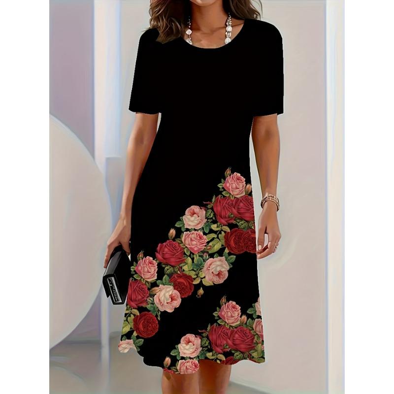 Plus Size, Plus Size Floral Digital Print Vacation Women's Round Neck Dress