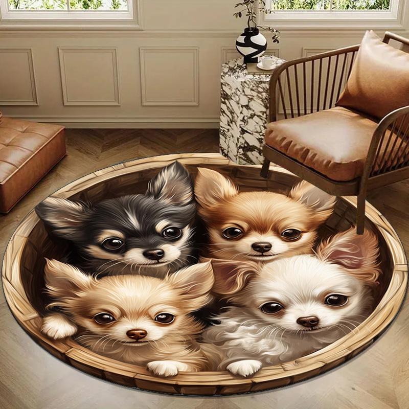 Cozy Puppy Print Round Area Rug - Soft Polyester Non-Slip Mat with Adorable Chihuahua Puppies Design for Bedroom, Living Room, or Home Decor