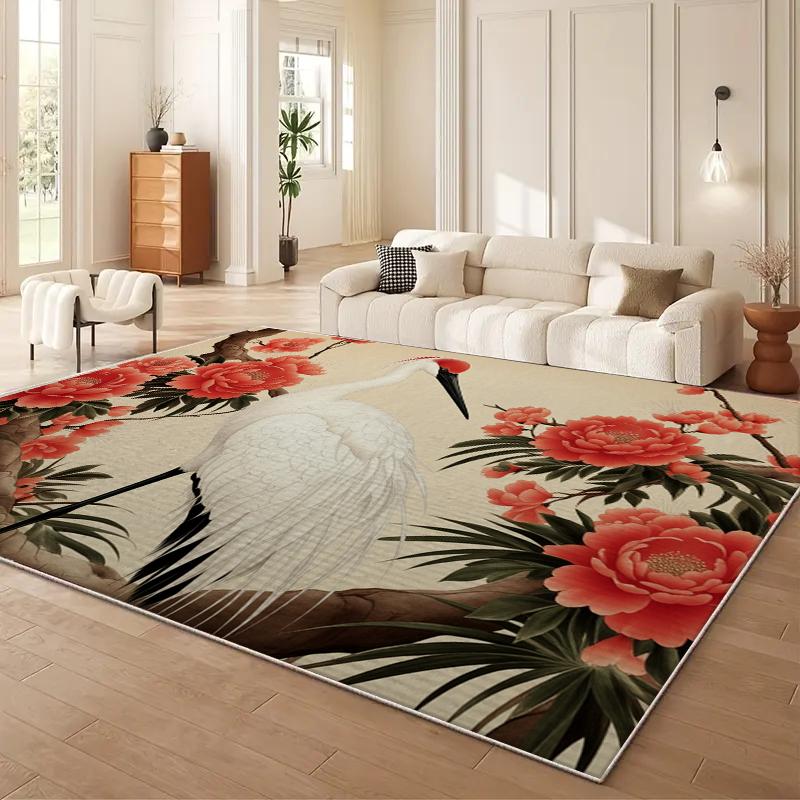 Classical Wind Crane Pattern Living Room Big Rug, Crystal Velvet Wear-resistant Bedroom Mat, Easy To Clean Kitchen Carpet