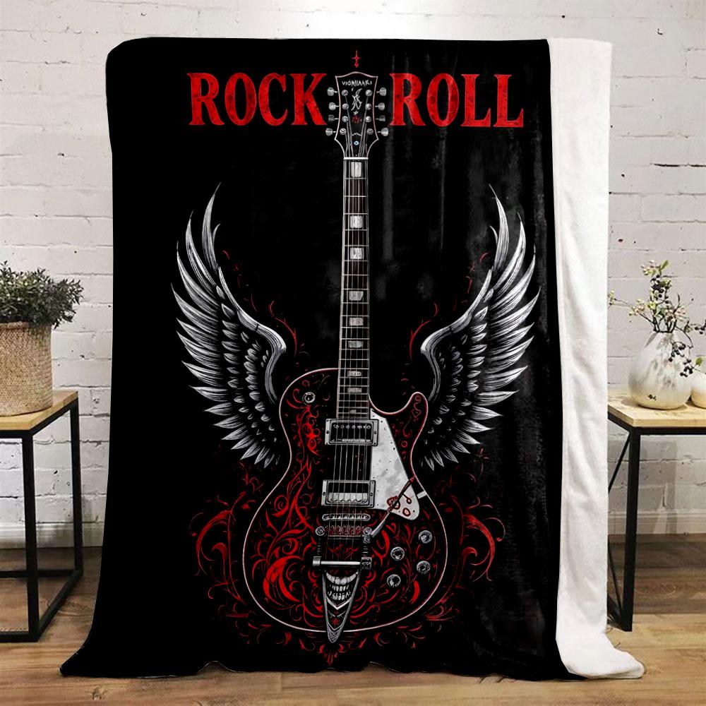 Electric guitar with wings, red floral patterns, and "Rock Roll" text. for all seasons blanket lunch break throw gift