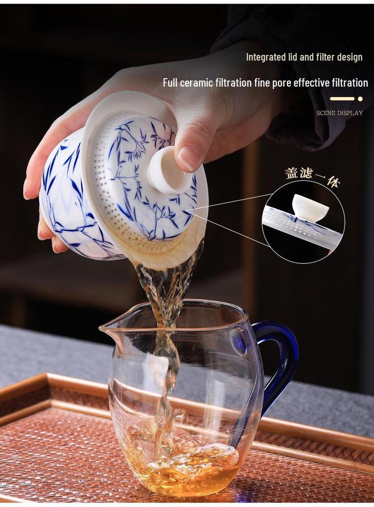 Large Dehua Mutton Fat Jade Ceramic Tea Bowl Set with Three Talents Lid