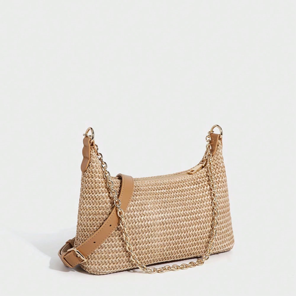 Sac à Bandoulière Petit Sac à Chaîne Tressé en Paille pour Femme Essentiel d'Été Sac de Loisir de Haute Qualité Sac d'Épaule Sac d'Aisselle Sac pour Femme camel color beige