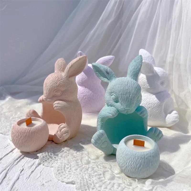 Top Quality Creative Rabbit Shape Hollow Candle Holder Silicone Mold Set for DIY Candle Crafting Durable Concrete Plaster Molds