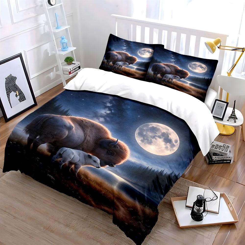 Majestic Bison and Calf Scene Bedding Duvet Cover Set (1*Duvet Cover 2*Pillowcases, Without Duvet Insert)