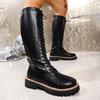 Lace-Up Front Tall Boots Women's Round Toe Platform Anti-Slip Wear-Resistant Block Heel Single Boots