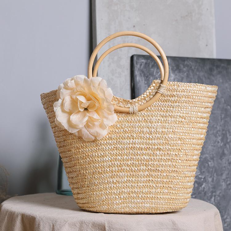 2025 Wheat Straw Braided Handbag with Wooden Handle - Women's Pastoral Ins Mori Girl Style