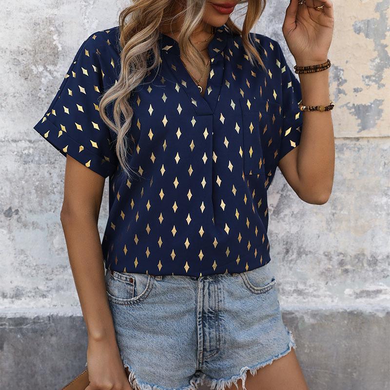 Stand-Up Collar Shirt Summer European And American Bronzing Short-Sleeved Shirt Women S темно-синий