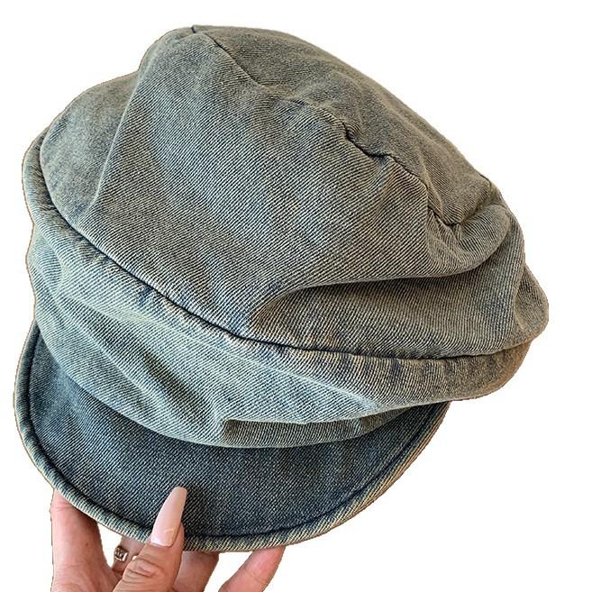 Retro Washed Pleated Denim Beret Women'S Summer And Autumn Niche Versatile Face Small Octagonal Hat Japanese Painter Hat