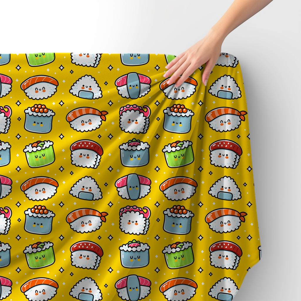 Royal Velvet Fabric Polyester For Sewing - Motif Sushi On Yellow