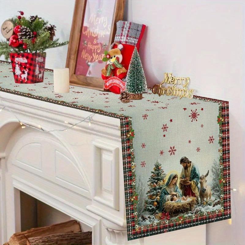 1Pc Christmas Table Runner - Festive Holiday Design With Nativity Scene, Snowflakes & Red Berries,Perfect For Home Kitchen Decor