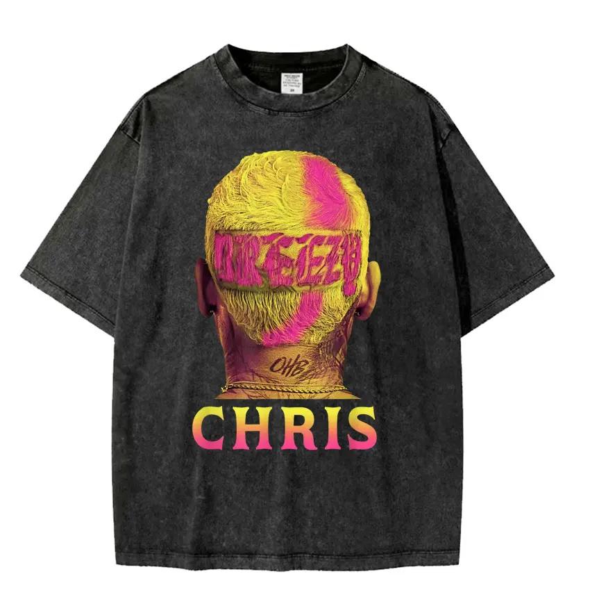 Rapper Chris Brown Breezy Großes Gesicht Grafik T-Shirt Unisex Damenmode Vintage Gewaschen Übergroß Kurzarm T-Shirts Streetwear