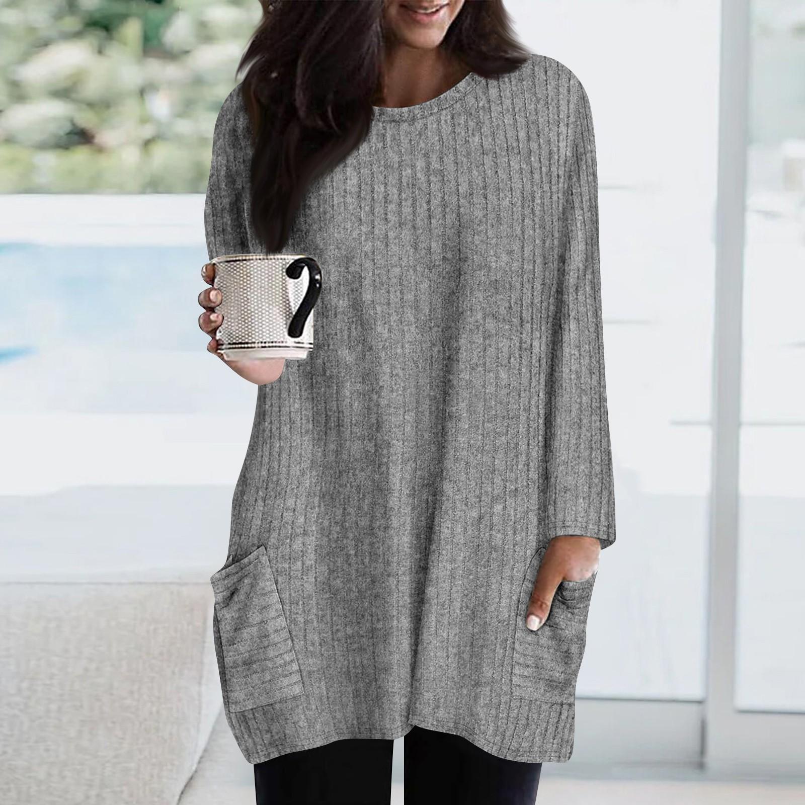 

Свитшоты для женщин с длинным рукавом и круглым вырезом, пуловеры, повседневные однотонные туники с карманами L