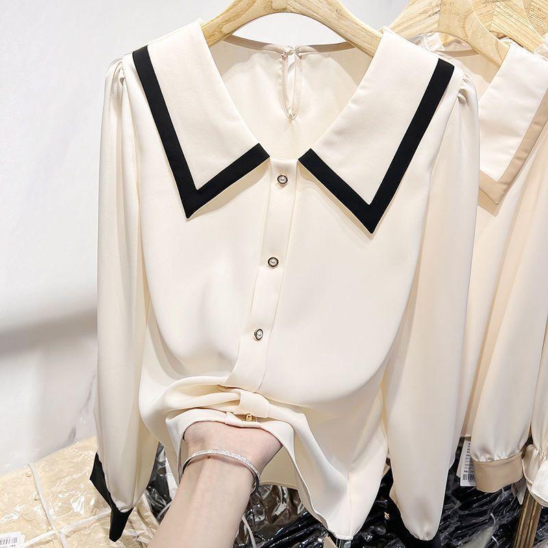Spring Autumn Polo-neck Patchwork Elegant Fashion Blouse Women Long Sleeve Casual Buttons Cardigan Shirt Top