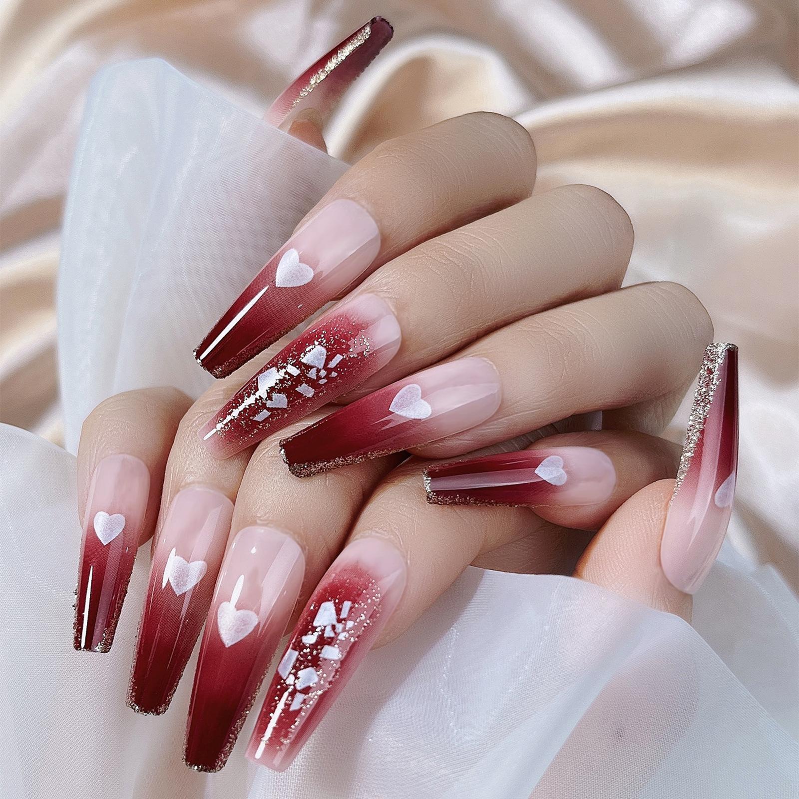 

Trapezoidal Nail Art Finished Medium-length Milk Tea Gradient Love Fake Nail Piece Wear Nail