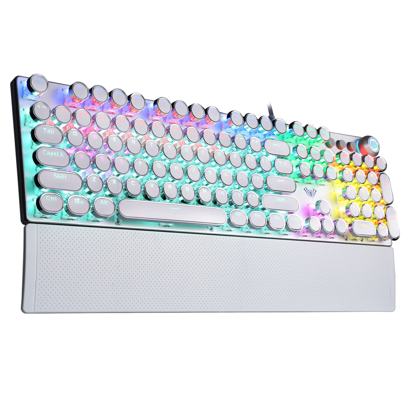 

AULA F2088 Typewriter Style Mechanical Gaming Keyboard Rainbow LED Backlight Detachable Wrist Rest Media Control Knobs Retro Punk Round Keycaps USB