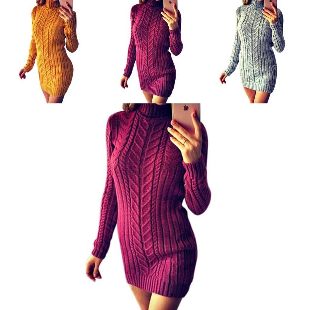 Sexy Herbst- und Winter-Strickkleid Schmal geschnitten und hoher Kragen Zopfmuster-Design