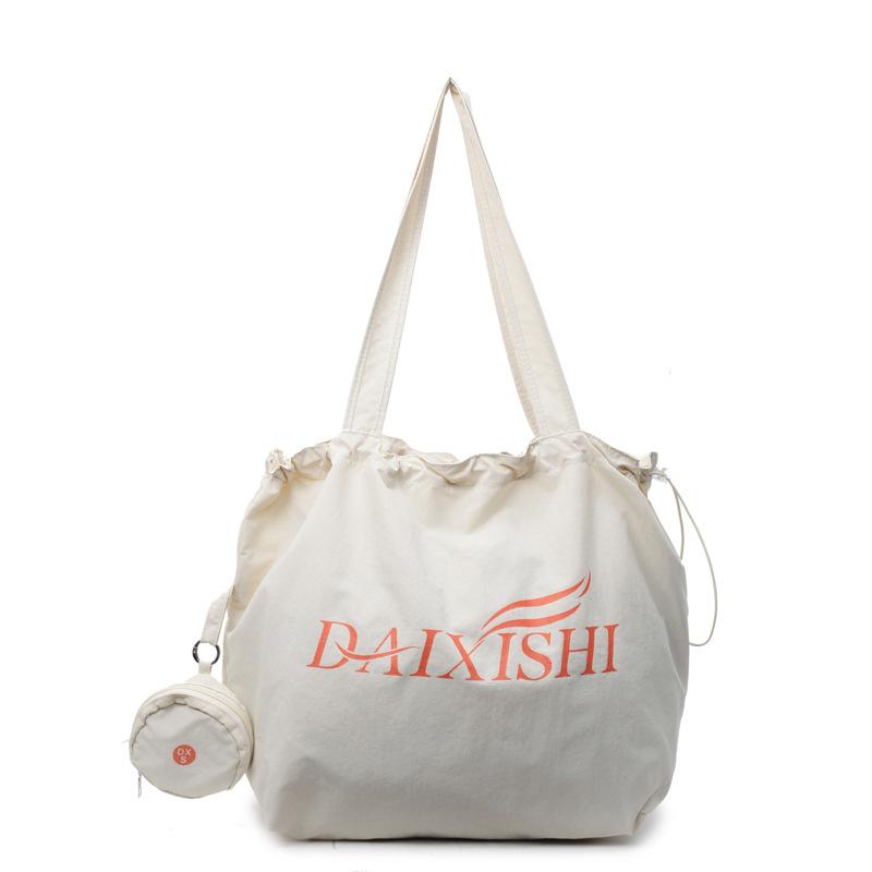 Large capacity versatile drawstring nylon cloth bag, new canvas bag, letter tote bag, shoulder shopping bag.