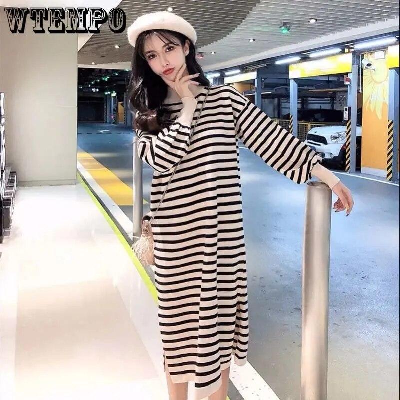 Rolák Pletené šaty Pruhované Dámské Svetr Dlouhý rukáv Volný Rozdělený Spodní Šaty Dojíždění Harajuku Podzim Zima