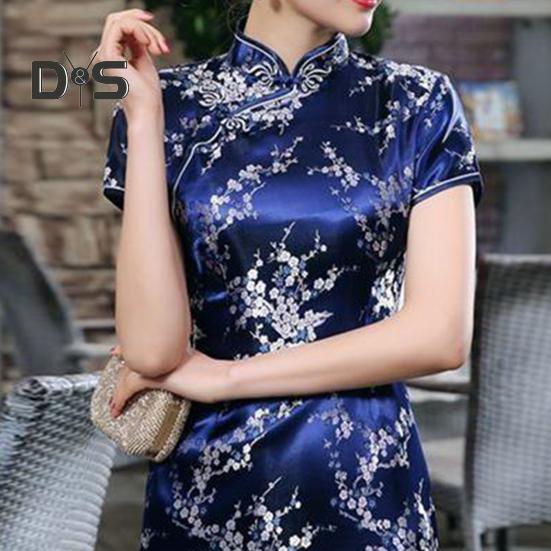 Women Dress Chinese National Style Floral Embroidery Stand Collar Short Sleeves High Side Split Chinese Knot Buttons Cheongsam Satin Silky Slim Fit