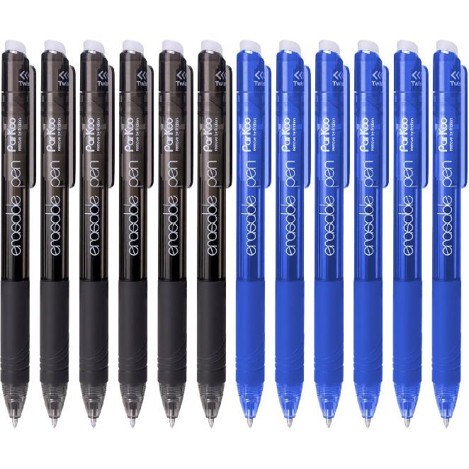 ParKoo Retractable Erasable Gel Pens 0.7mm, 12 Black Twist Pens Fine Point, Make Mistakes Disappear, Smooth Writing with Comfortable Grip for