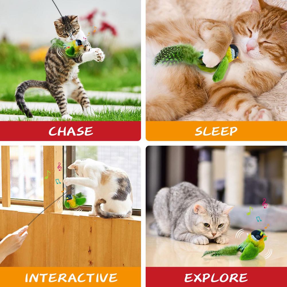 Bird Cat Feather Toy - Teaser Toy Touch Activated for Kitten, Funny Chirping Bird Interactive Toys Retractable Hanging