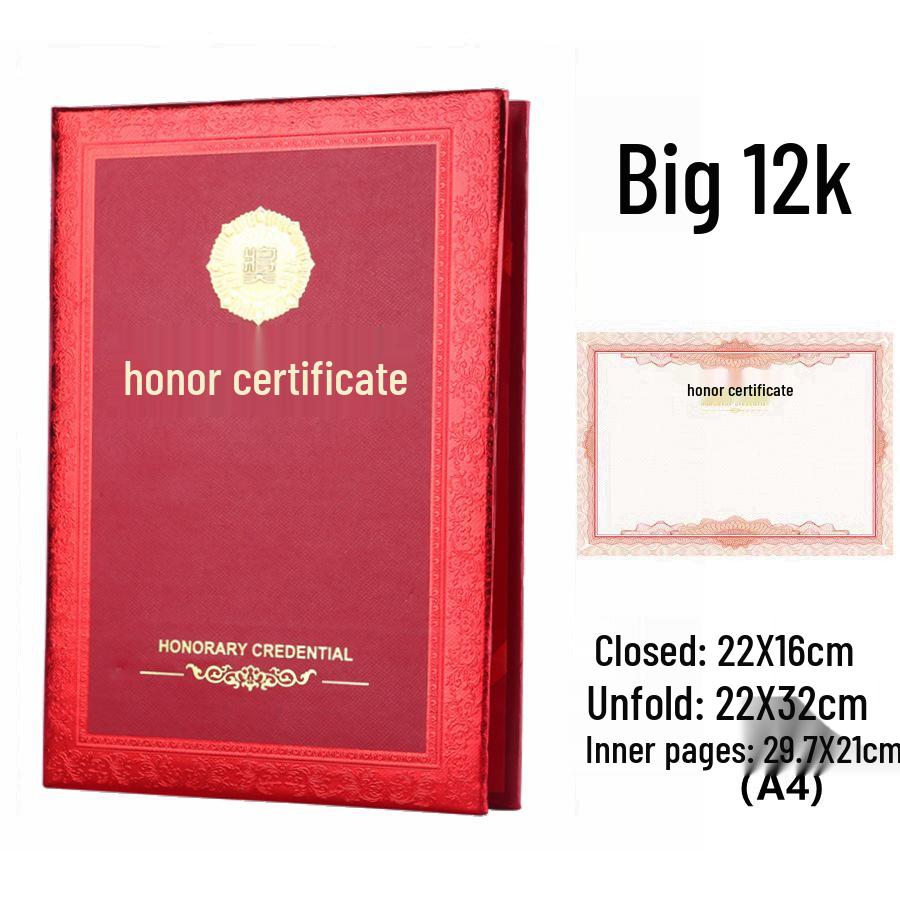 Honor Certificate Cover with A4 Pages, Embossed Diploma, Graduation Award, Hot Stamped Graduation Certificate Large 12K