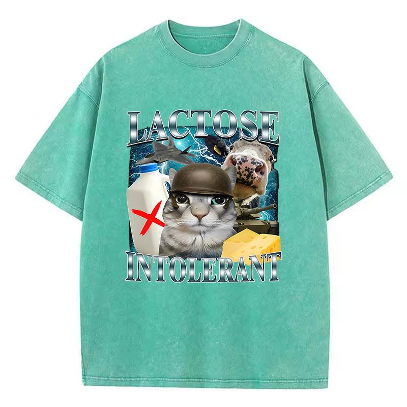 Retro T Shirt Vintage Washed Cotton T-Shirt Lactose Intolerant Funny Cat Meme Graphic Tee Casual Streetwear Spring