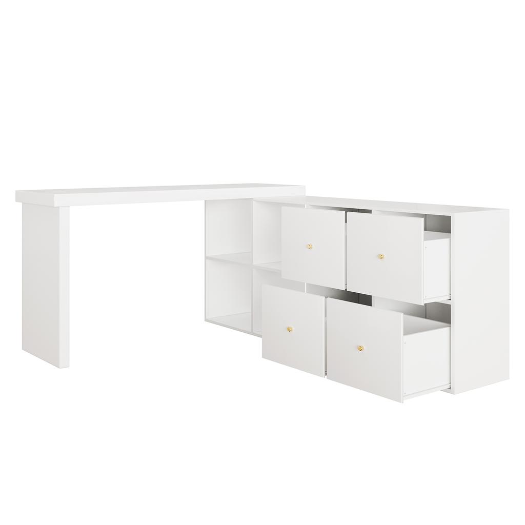 Corner Table, Tabletop 360 Swivel - Can Be Set Up L-shaped or Straight, MDF, Tabletop and Legs Reinforced 4 cm, 4 Compartments, 4 Drawers, White, Desk