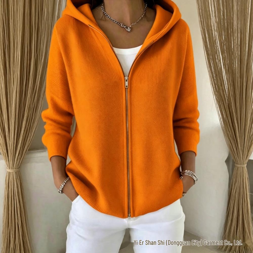 Autumn 2026 Hooded Zipper Knit Cardigan - European & American Style, Women's Loose Solid Color Long Sleeve Sweater