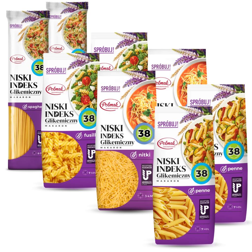 Polmak Low GI Pasta Penne Spaghetti Fusilli Vermicelli 250 G X 8