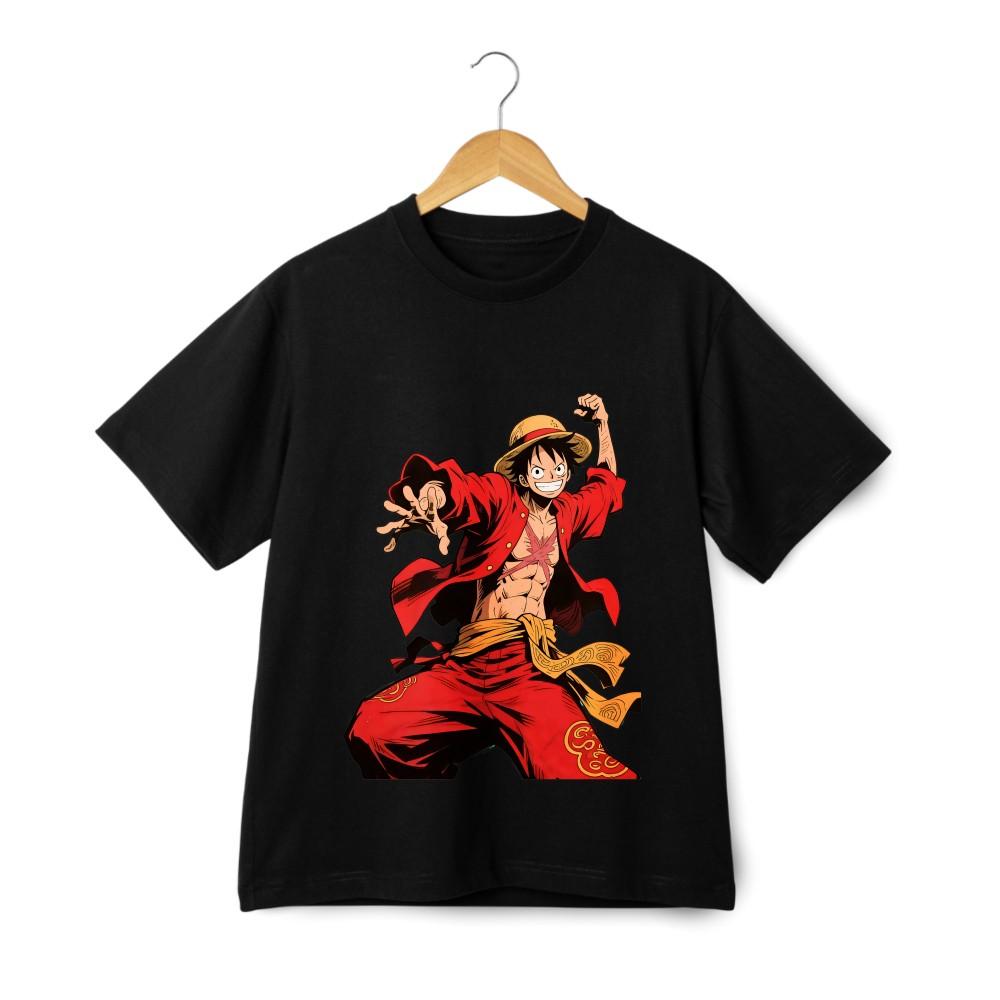 

One Piece Luffy Action Pose Casual T-Shirt| Unisex, Black and White 2XL
