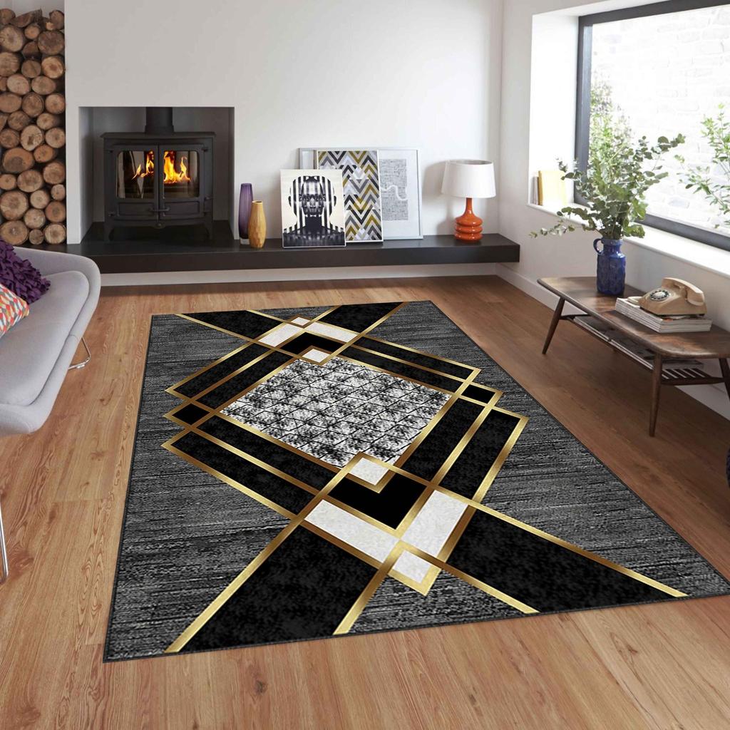 Black Gold Line 3D Digital Printing Non-Slip Flooring Carpet