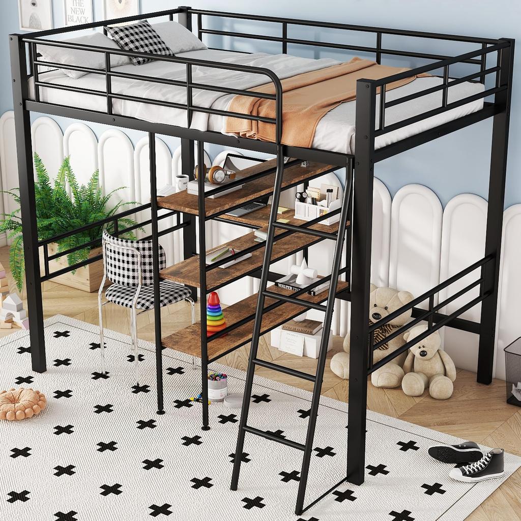 Kinderbett Hochbett 90x200 cm Funktionsbett Schreibtisch 3 Regale Etagenbett Bettrahmen Lattenrost ohne Matratze Kinder Erwachsene