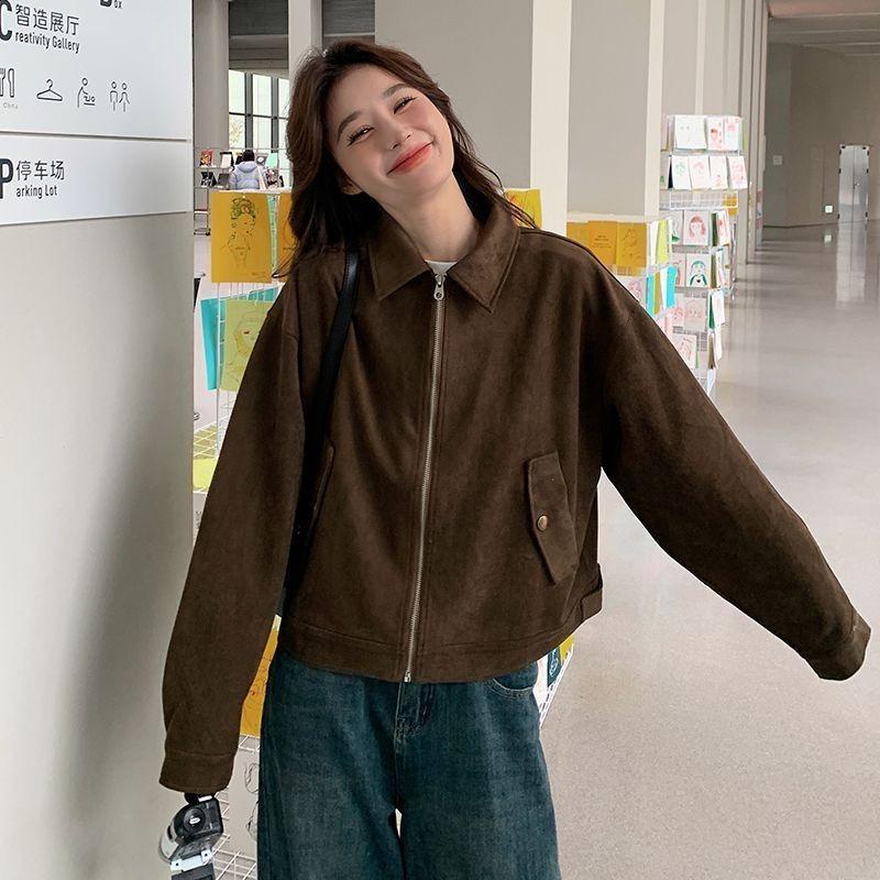 Vintage Brown Suede Moto Jacket Women Short Style Trendy Coat