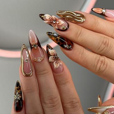 Puntas de uñas de flores 3D caramelo carey uñas postizas cortas almendradas ponibles cruz